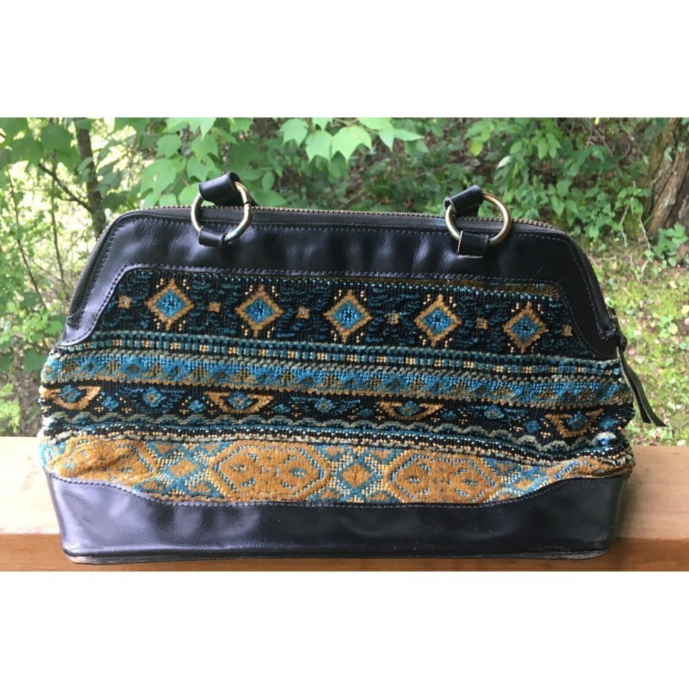 Vintage Blue Tapestry Brocade Brown Leather Handbag Purse Satchel Top Zipper